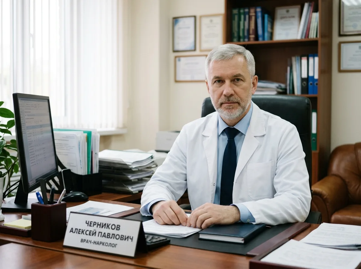 Врач-нарколог Черников Алексей Павлович в белом халате, портрет в медицинском кабинете, строгий профессиональный вид