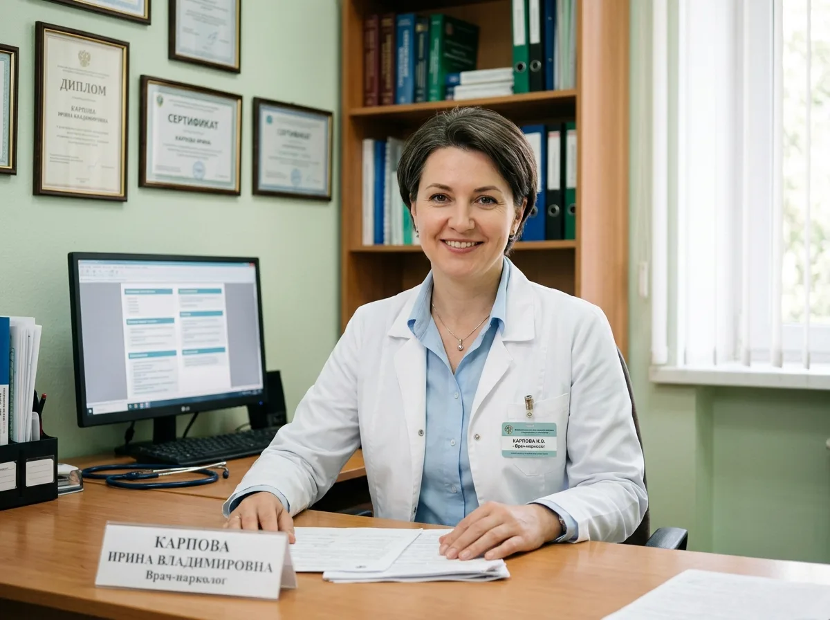 Врач-нарколог Карпова Ирина Владимировна, женщина-врач в медицинском кабинете, профессиональный портрет, белый халат