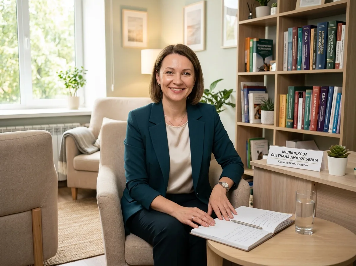 Клинический психолог Мельникова Светлана Анатольевна, женщина-специалист в светлом офисе, дружелюбный профессиональный вид